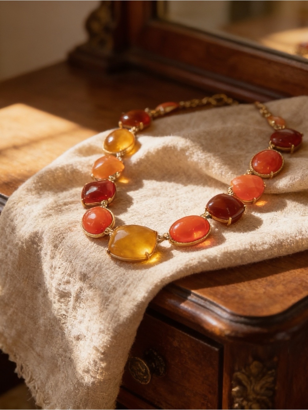 Gold Tone Orange Peach Amber Statement Collar Necklace Ombre Gemstone Bib